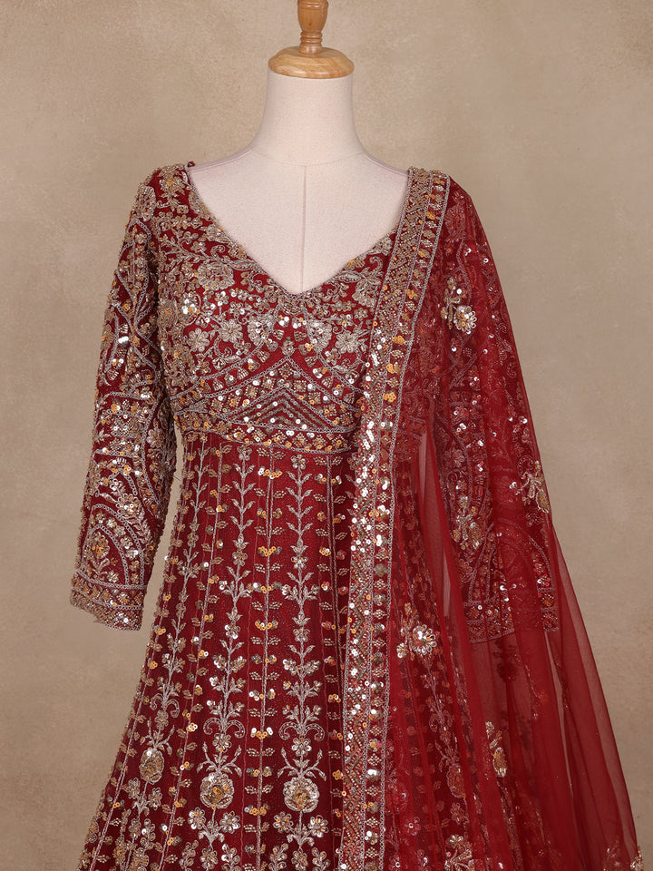 Dark Red Floral Embroidery Net Bridal Gown - Diadem
