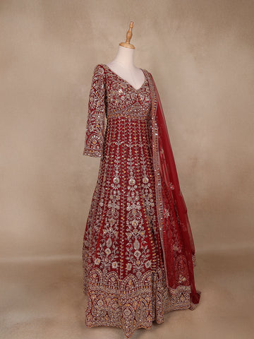 Dark Red Floral Embroidery Net Bridal Gown - Diadem