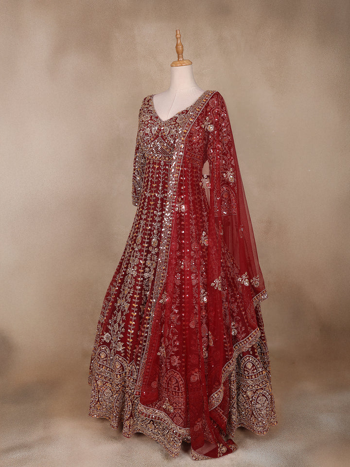 Dark Red Floral Embroidery Net Bridal Gown - Diadem