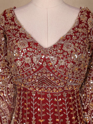 Dark Red Floral Embroidery Net Bridal Gown - Diadem