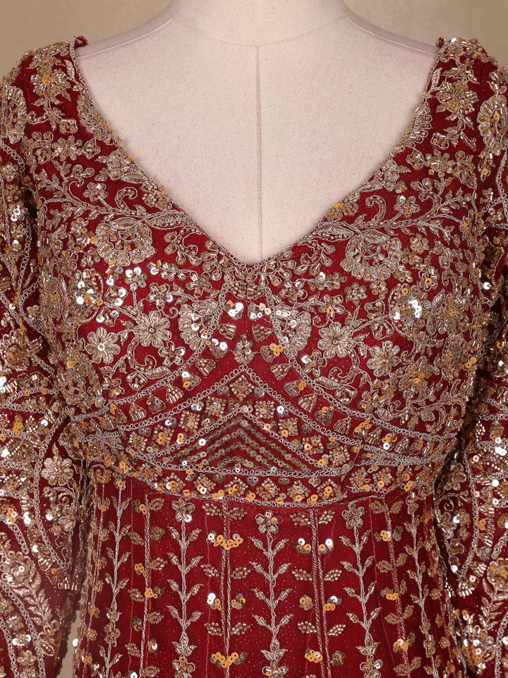 Dark Red Floral Embroidery Net Bridal Gown - Diadem
