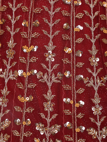 Dark Red Floral Embroidery Net Bridal Gown - Diadem