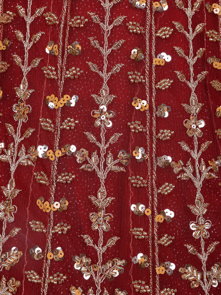 Dark Red Floral Embroidery Net Bridal Gown - Diadem