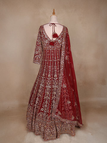 Dark Red Floral Embroidery Net Bridal Gown - Diadem