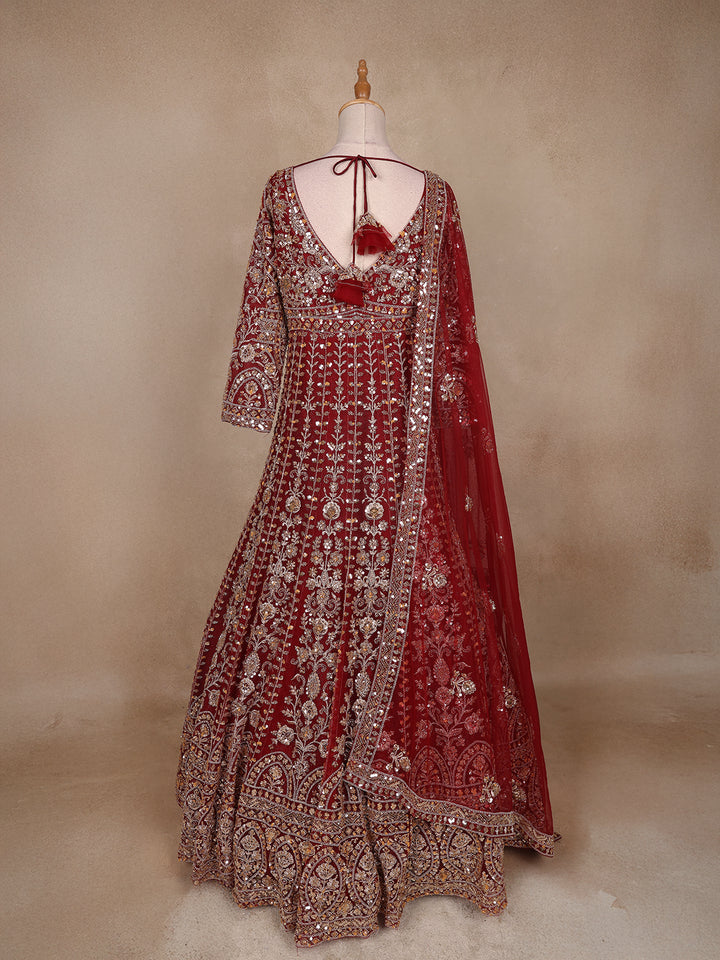 Dark Red Floral Embroidery Net Bridal Gown - Diadem