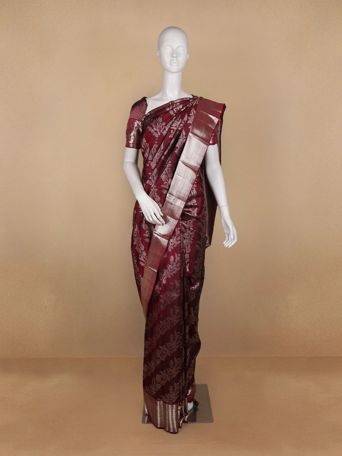 Dark Red Floral Woven Pure Kanchipuram Silk Saree