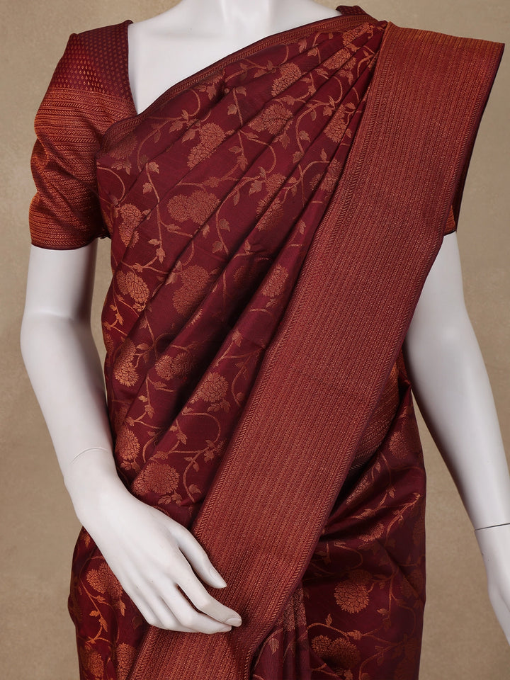 Dark Red Floral Woven Pure Kanchipuram Silk Saree - Diadem