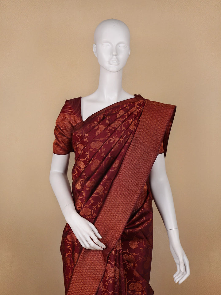 Dark Red Floral Woven Pure Kanchipuram Silk Saree - Diadem