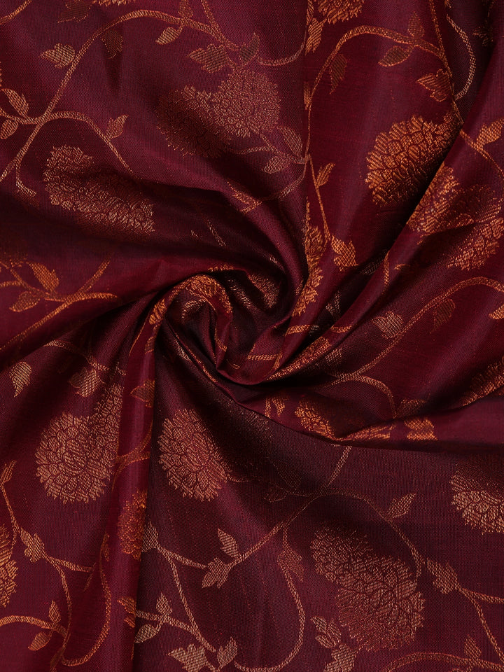 Dark Red Floral Woven Pure Kanchipuram Silk Saree - Diadem