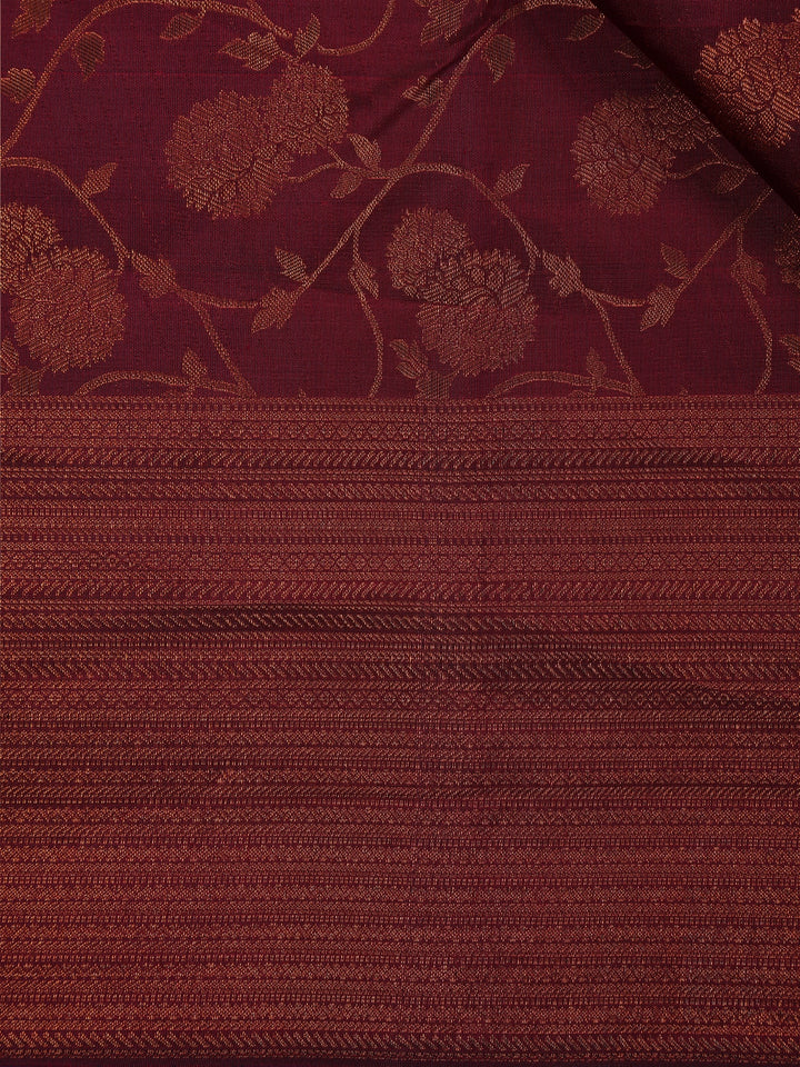 Dark Red Floral Woven Pure Kanchipuram Silk Saree - Diadem