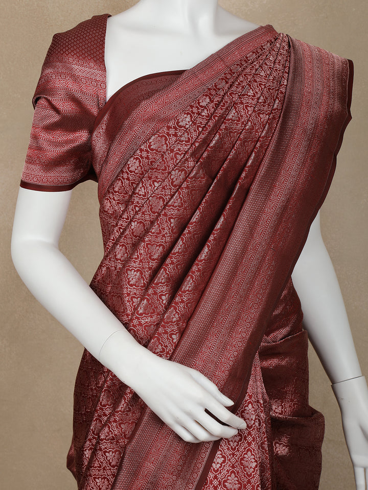 Dark Red Floral Woven Pure Kanchipuram Silk Saree - Diadem