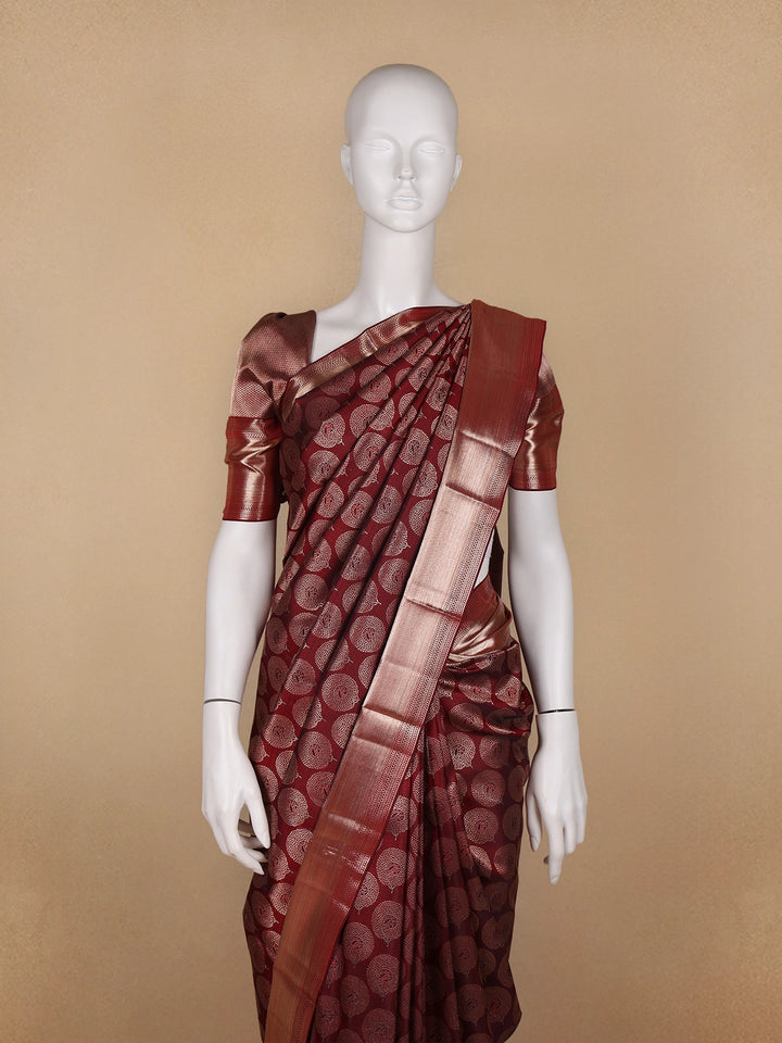 Dark Red Floral Woven Pure Kanchipuram Silk Saree - Diadem