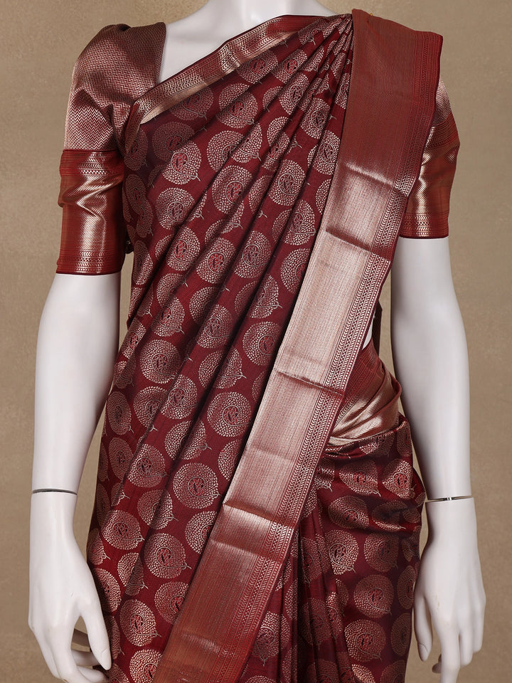 Dark Red Floral Woven Pure Kanchipuram Silk Saree - Diadem