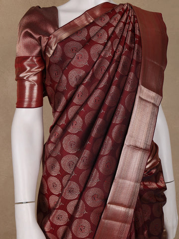 Dark Red Floral Woven Pure Kanchipuram Silk Saree - Diadem