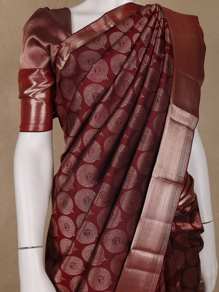 Dark Red Floral Woven Pure Kanchipuram Silk Saree - Diadem
