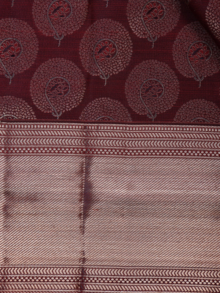 Dark Red Floral Woven Pure Kanchipuram Silk Saree - Diadem