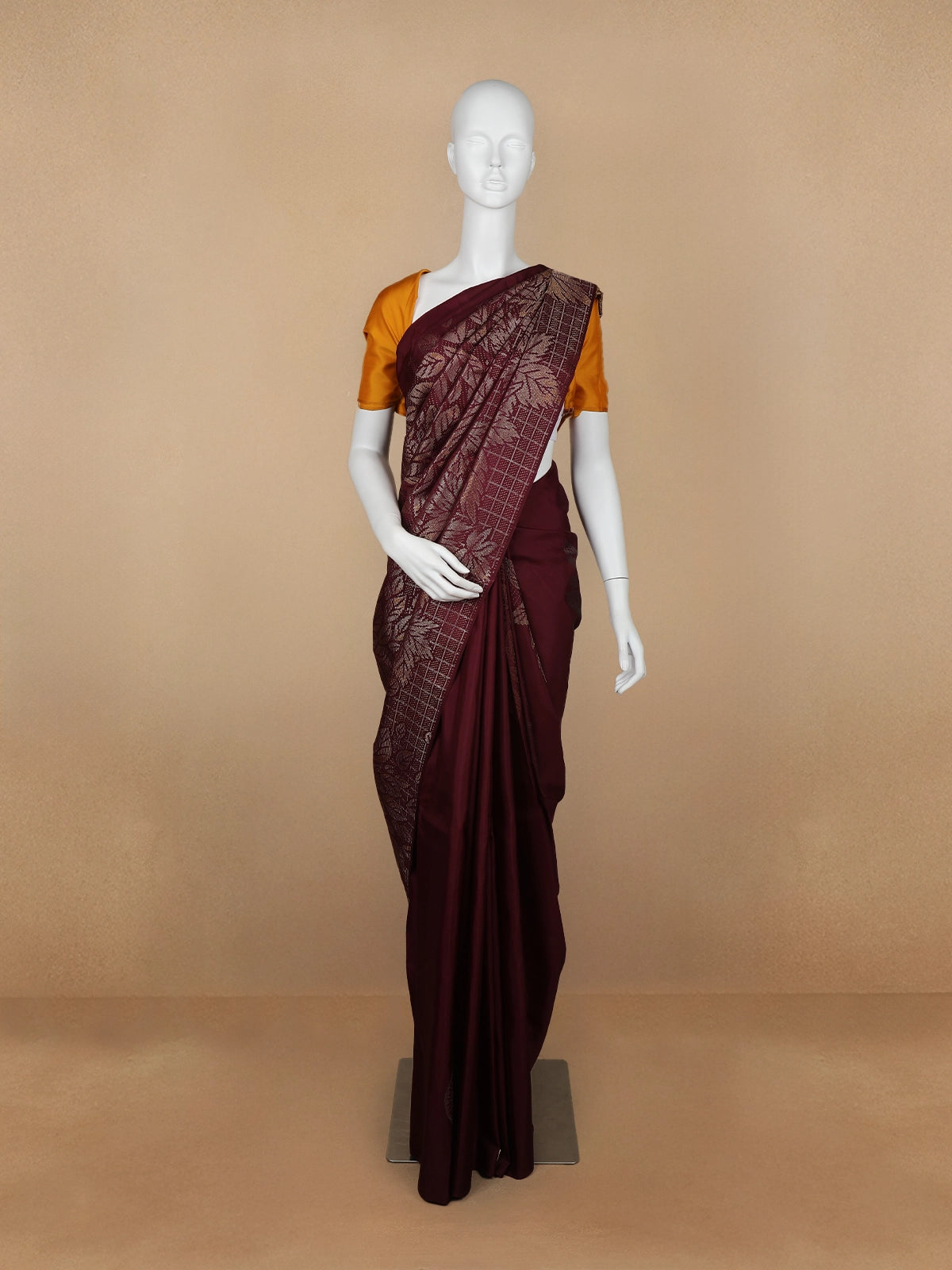 Dark Red Floral Woven Pure Kanchipuram Silk Saree - Diadem