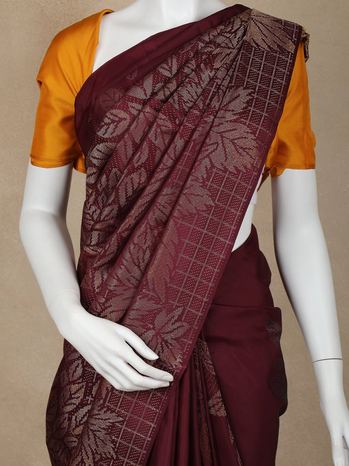 Dark Red Floral Woven Pure Kanchipuram Silk Saree - Diadem