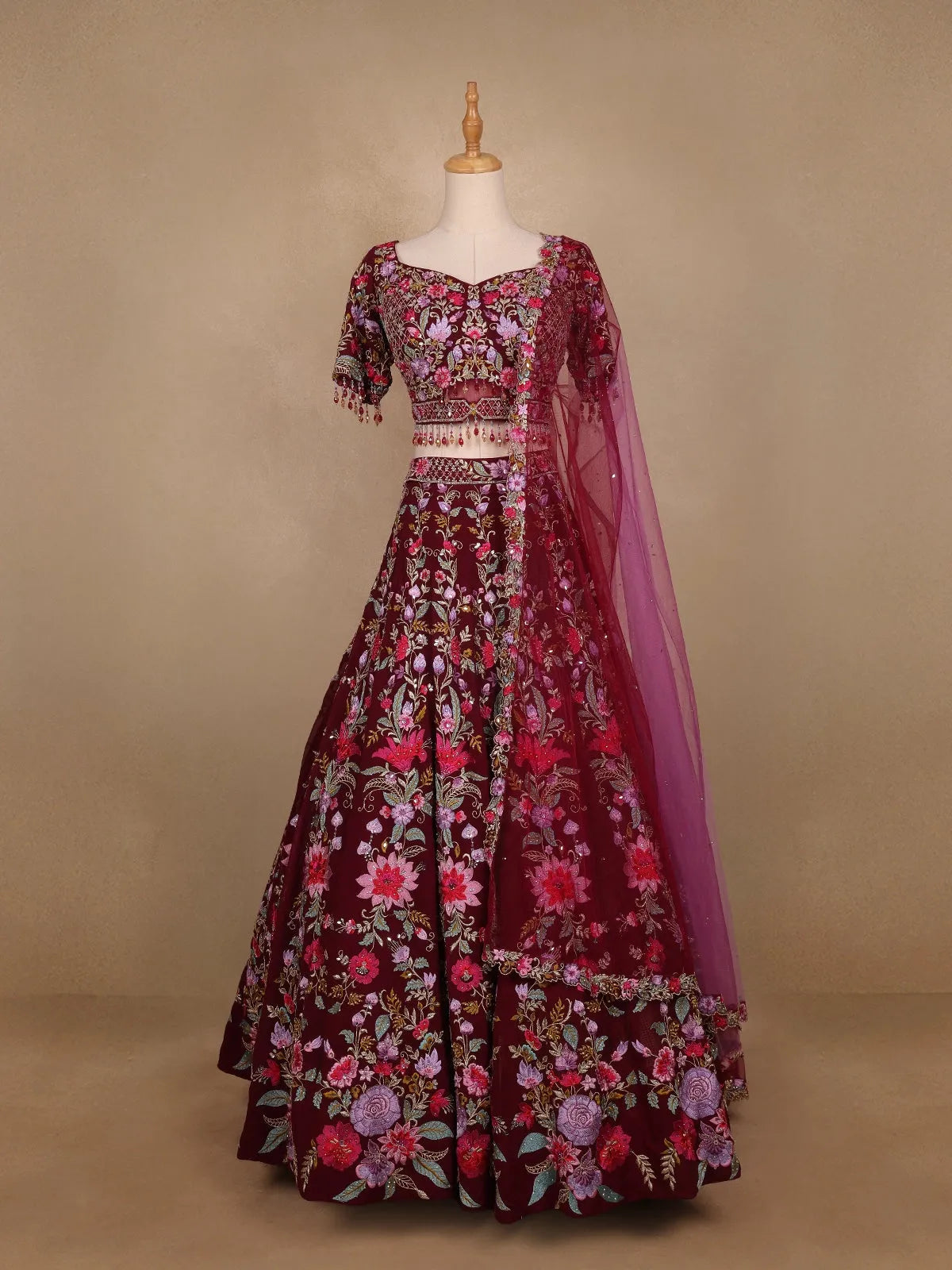 Dark Red Georgette Floral Designed Bridal Lehenga