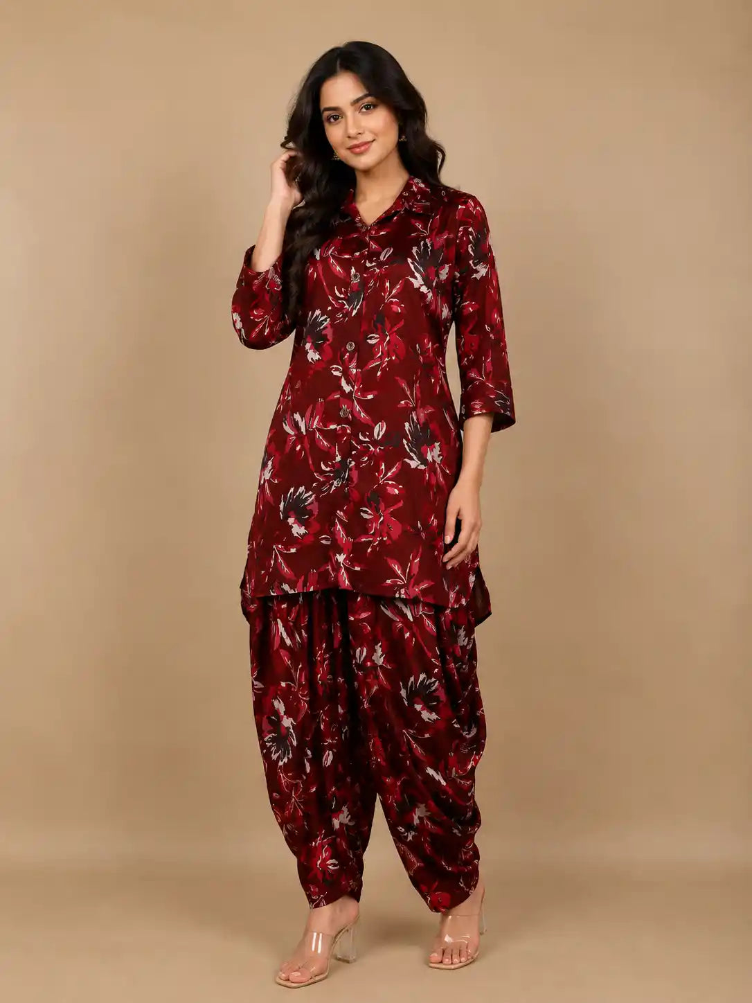 Dark Red Salwar Suit Adorned with Floral Designs, with Collar and 3/4 Sleeve