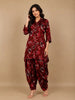Dark Red Salwar Suit Adorned with Floral Designs, with Collar and 3/4 Sleeve