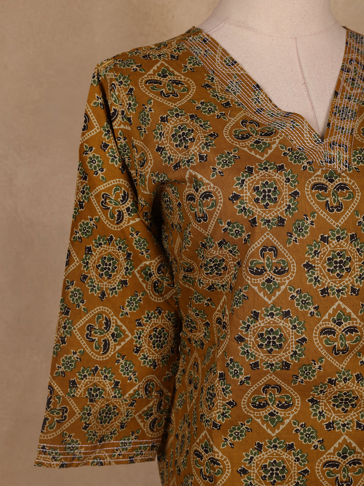 Dark Yellow Floral Designed Cotton Salwar Suit - Diadem