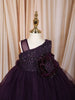 Deep Aubergine Purple 3D Floral Appliqué Sequins Embroidered Design Ruffled Layered Tulle Net Party Wear Frock
