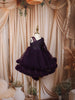 Deep Aubergine Purple 3D Floral Appliqué Sequins Embroidered Design Ruffled Layered Tulle Net Party Wear Frock