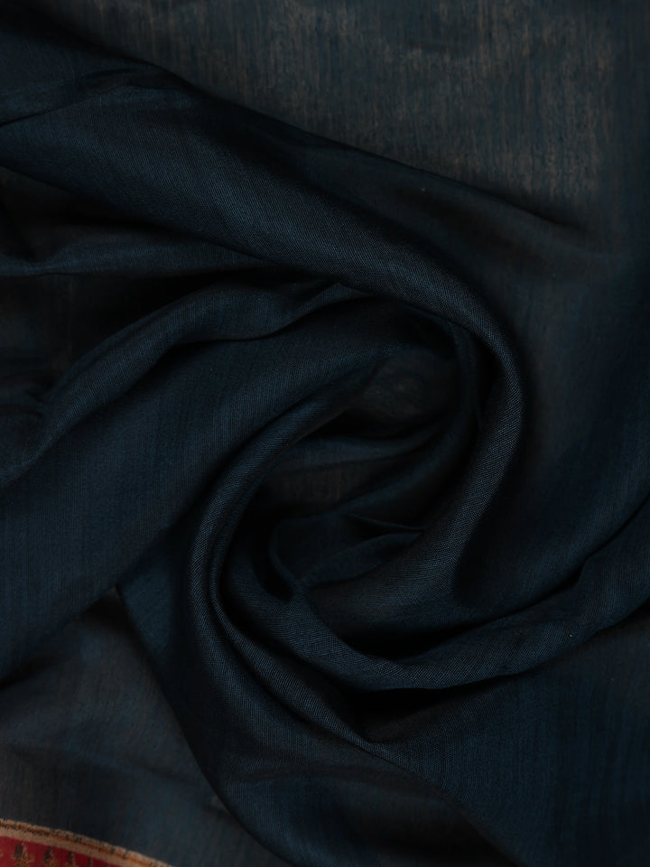 Deep Blue Solid Design Floral Motif Border Cotton Saree - Diadem