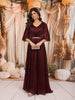 Deep Burgundy Metallic Shimmer Pleated A-Line Party Wear Gown with Cape Sleeves
