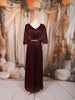 Deep Burgundy Metallic Shimmer Pleated A-Line Party Wear Gown with Cape Sleeves