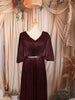 Deep Burgundy Metallic Shimmer Pleated A-Line Party Wear Gown with Cape Sleeves