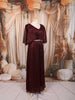 Deep Burgundy Metallic Shimmer Pleated A-Line Party Wear Gown with Cape Sleeves