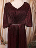 Deep Burgundy Metallic Shimmer Pleated A-Line Party Wear Gown with Cape Sleeves