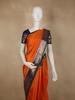 Deep Burnt Orange Checked Woven Design Pure Kanchipuram Silk Saree with Contrast Zari Border