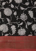Deep Charcoal Black Floral Printed Design Linen Cotton Saree with Contrast Border
