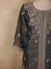 Deep Charcoal Grey Floral Zari Embroidered Design Organza Palazzo Suit with Dupatta