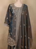 Deep Charcoal Grey Floral Zari Embroidered Design Organza Palazzo Suit with Dupatta