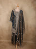 Deep Charcoal Grey Floral Zari Embroidered Design Organza Palazzo Suit with Dupatta