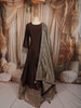 Deep Chocolate Brown Gold Zari and Sequins Embroidered Design Semi Silk Long Anarkali Gown with Contrast Dupatta