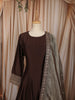 Deep Chocolate Brown Gold Zari and Sequins Embroidered Design Semi Silk Long Anarkali Gown with Contrast Dupatta