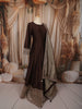 Deep Chocolate Brown Gold Zari and Sequins Embroidered Design Semi Silk Long Anarkali Gown with Contrast Dupatta