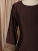 Deep Chocolate Brown Gold Zari and Sequins Embroidered Design Semi Silk Long Anarkali Gown with Contrast Dupatta