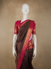 Deep Chocolate Brown Striped Woven Design Pure Kanchipuram Silk Saree with Contrast Zari Border