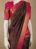 Deep Chocolate Brown Striped Woven Design Pure Kanchipuram Silk Saree with Contrast Zari Border