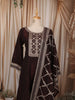 Deep Chocolate Brown Thread Embroidered Design Semi Silk Anarkali Salwar Suit with Matching Dupatta
