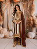 Deep Chocolate Brown Vertical Striped Ornamental Embroidered Design Crepe Silk Straight Cut Salwar Suit with Matching Dupatta