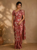 Deep Coral Floral Printed Tussar Silk Saree