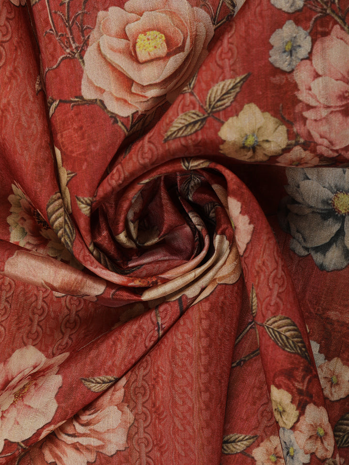 Deep Coral Floral Printed Tussar Silk Saree - Diadem