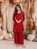 Deep Crimson Red Leaf Sequins and Beads Embroidered Design Chiffon Fancy Palazzo Suit